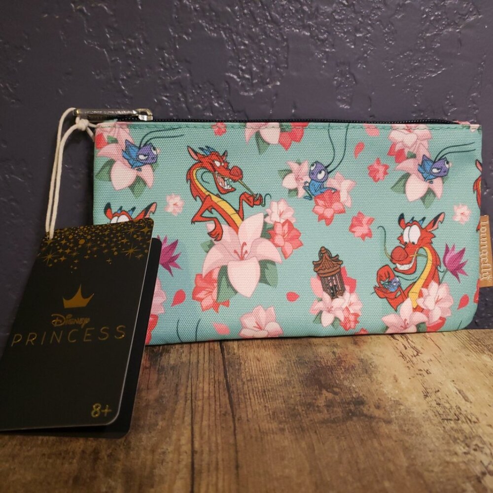 Loungefly Disney Mulan Mushu & Crickie Floral Cosmetic Makeup Pouch